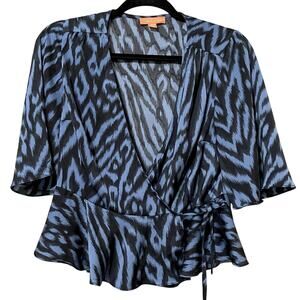 Gigi Parker Blue & Black Animal Print Flutter Sleeve Wrap Top Blouse Womens XS